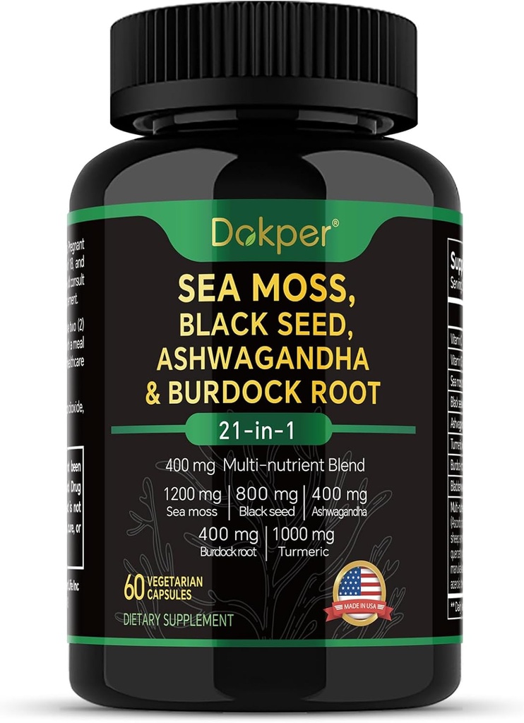 Sea Moss, Ashwagandha, Black Seed Oil Papildinājums, Vitamīns C & D3 ar Turmeric, Bladderwrack & Burdock Saknes, Dabīgs augu atbalsts vīriešiem un sievietēm 60 kapsulas, Diētiskās piedevas, iepakojumā 1