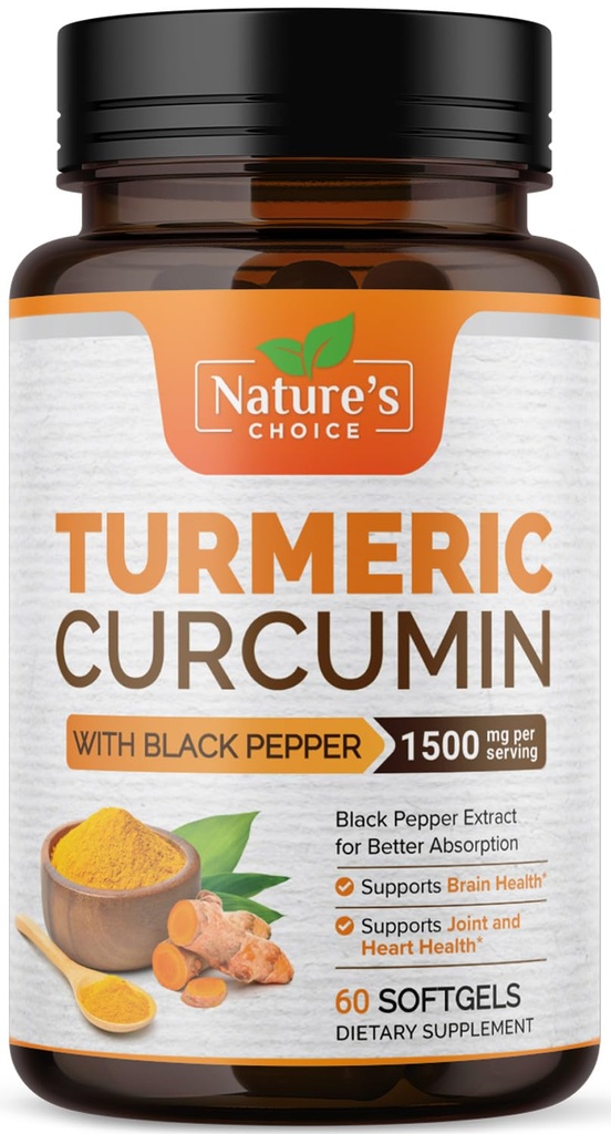 Kurkumas papildinājums 1500mg - BioPerine Black Pepper Extract Advanced Absorbcija Kurkuminoīdi dabas locītavu atbalstam - Antioksidants Herbal Papildinājums sievietēm un vīriešiem, ne-ĢMO - 60 Softgels