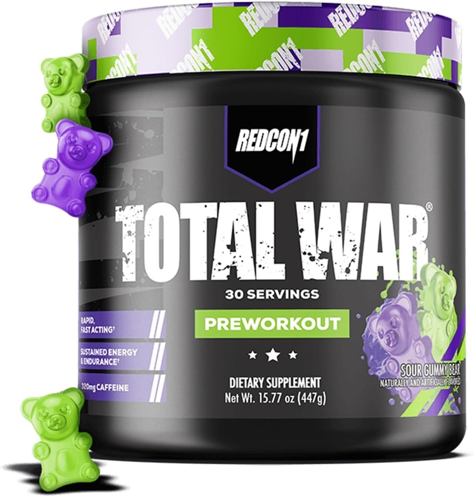 REDCON1 Kopējais karš pirms treniņa, Skābās gumija lācis - Satur 320mg kofeīna no zaļās tējas, Juniper & Beta Alanine - Pre strādāt ar aminoskābēm, lai palielinātu sūkni, enerģija + izturība (30 Kalpo)
