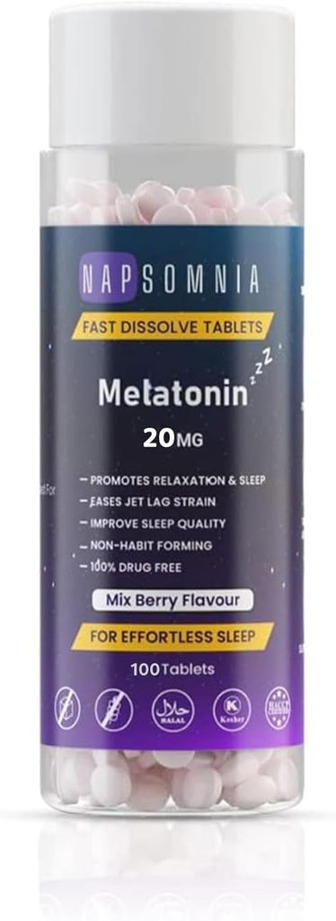 Melatonīna ātras šķīdināšanas tabletes – sajaucot Berry košļājamās melatonīna tabletes – Melatonīna lietošana slepus pieaugušajiem – Melatonīna tabletes mierīgam miegam bez cukura; 20 MG (100)