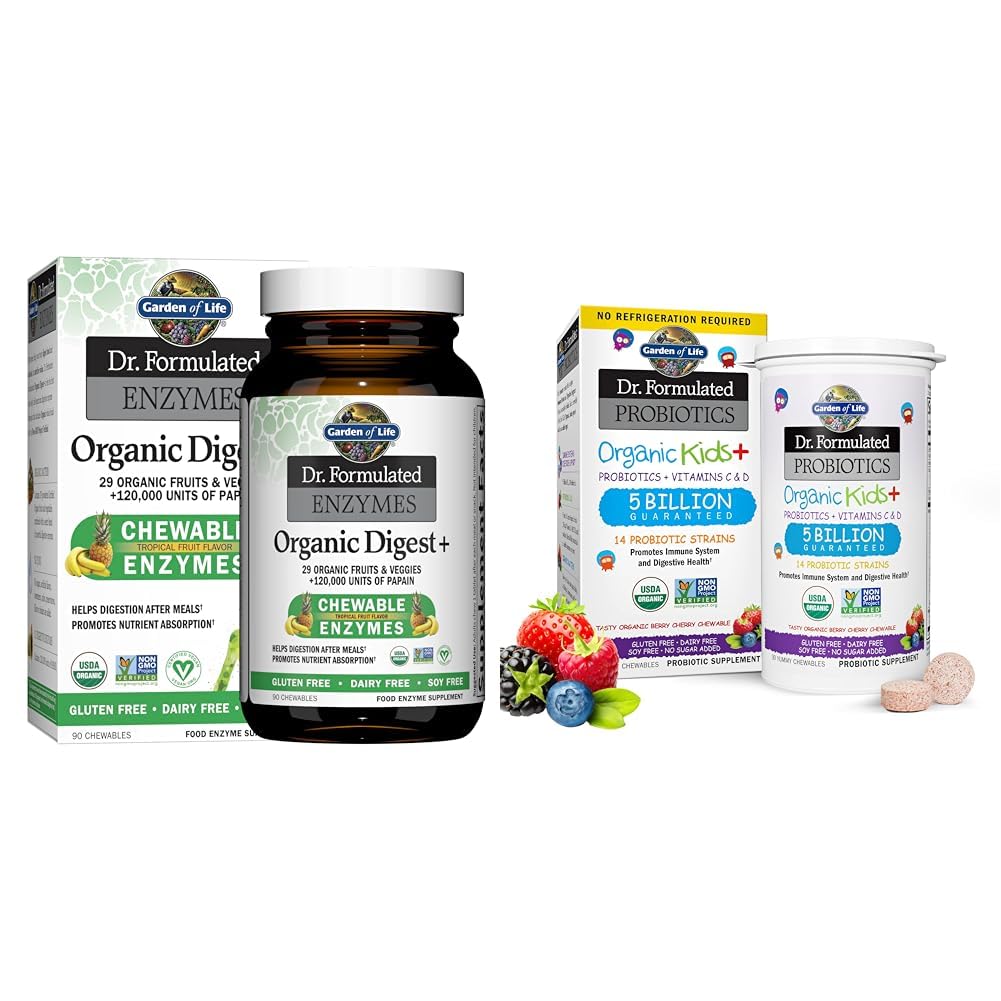 Dzīves dārzs Dr Formulēti Gremošanas Fermenti ar Papain, Bromelain un Dr Formulated Probiotikas Organic Kids+ Plus C & D vitamīns - Berry Cherry