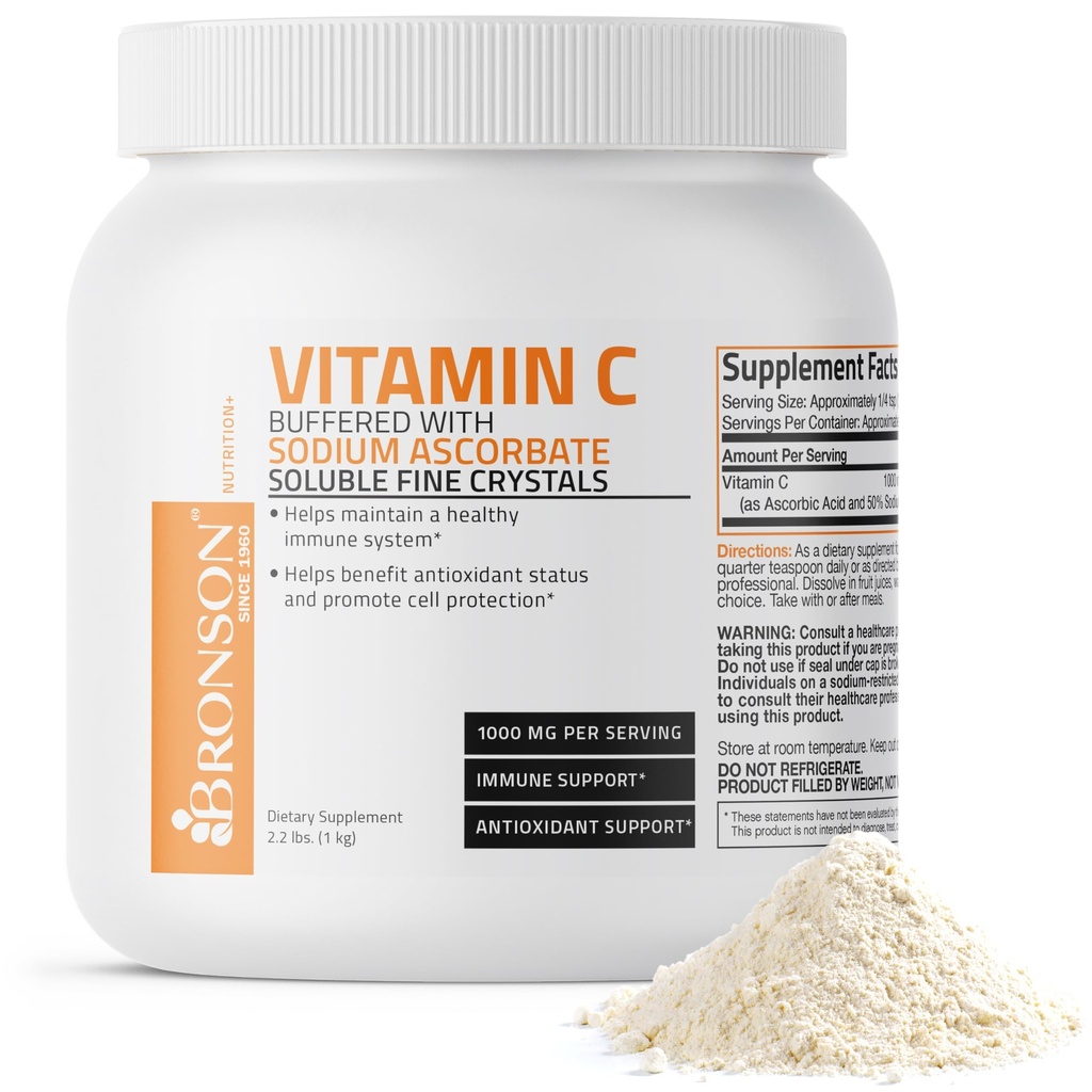 Bronsons Buffered C vitamīna pulveris Askorbīnskābe Buffered ar nātrija askorbāts Šķīstošie Fine Crystals – veicina veselīgu imūnsistēmu un šūnu aizsardzību – spēcīgs antioksidants - 1 Kilograms (2.2 Lbs)