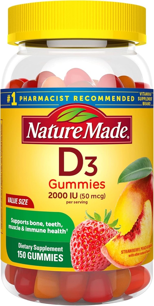 Dabā ražots D3 vitamīns, 150 Gumijas, D vitamīns 2000 SV (50 μg), D vitamīns Gumijas Pieaugušajiem palīdz atbalstīt imūno veselību, spēcīgus kaulus un zobus, un muskuļu funkcijas, 250% D vitamīna dienas vērtības