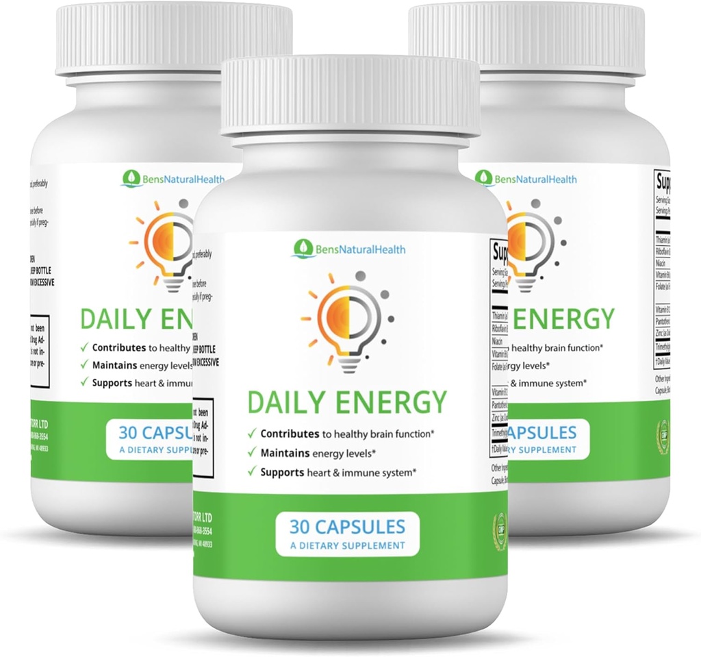 Ben dabas veselība Daily Energy B-vitamīna komplekss ar TMG un Cinku dabas enerģijai, stress, Focus & Imūnsupport, 30 kapsulas, 3 iepakojums