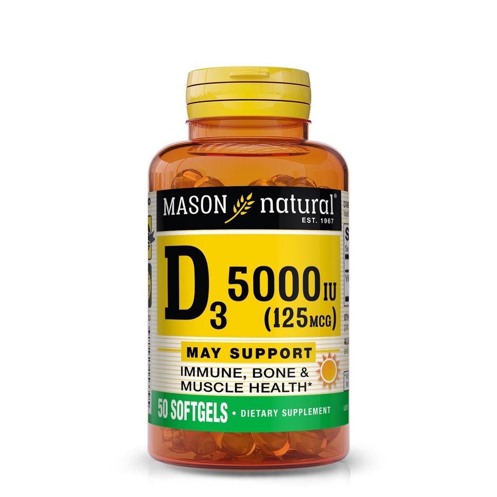 D3 vitamīns 125 μg (5000 SV), atbalsta kaulu, muskuļu un imūno veselību no zivju aknu eļļas 50 softgeliem, iepakojumā 3