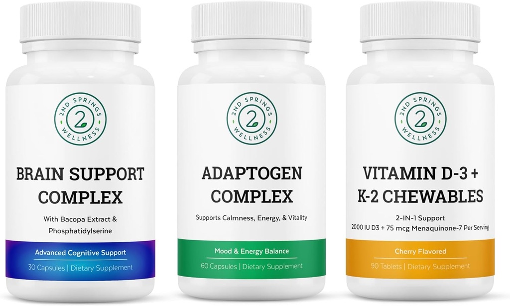 Vitality & Mind Wellness Trio Bundle - smadzeņu atbalsta komplekss, adaptogēna komplekss un D3+K2 vitamīns