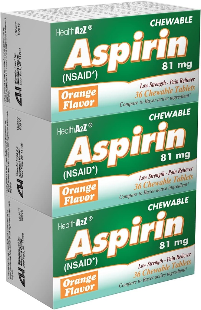 Veselības A2Z® Aspirīns 81mg         - Zemas stiprības košļājamās tabletes 