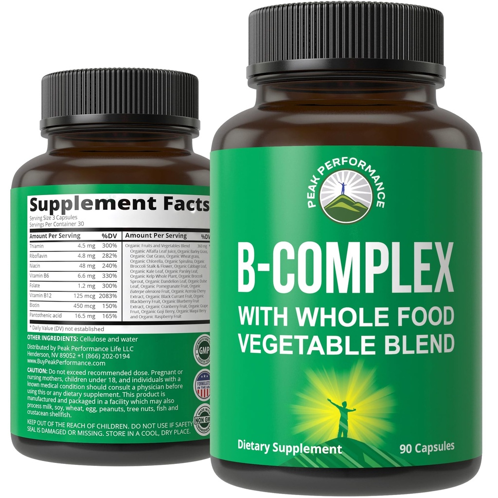 B vitamīna kompleksās kapsulas + visa pārtika 25 dārzeņu un augļu maisījums Max Absorbcijai. Labākais Vegan B Complex papildinājums ar vitamīnu B1, B2, B3, B5, B6, B7, B9 un B12. 90 kapsulas. Enerģijas palielināšana