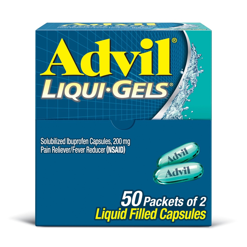 Advil Liqui-Gels sāpes Reliver un drudzis Reduktors, sāpes Medicīna pieaugušajiem ar Ibuprofēnu 200 mg galvassāpes, muguras sāpes, menstruālas sāpes un locītavu sāpes Relief - 50x2 šķidrās pildītās kapsulas