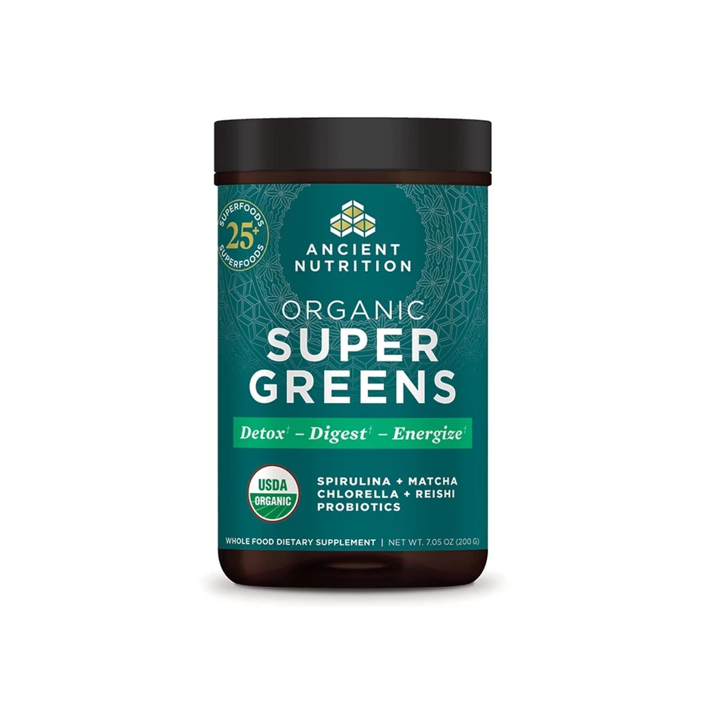 Ancient Nutrition Super Greens Pulveris, Organic Superfood Pulveris ar probiotikām Ražots ar Spirulina, Hlorella, Matcha, un Gremošanas enzīmi, 25 Servējumi, 7.05oz