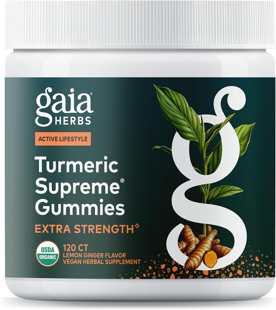 Gaia Herbs Turmeric Supreme Extra Strength Gumies - Atbalsts Pietūkums Reliefs, lai palīdzētu uzturēt aktīvu dzīvesveids - citronu Ginger Flavor - 120 Vegan Organic Gumies (40 dienu piegādes)