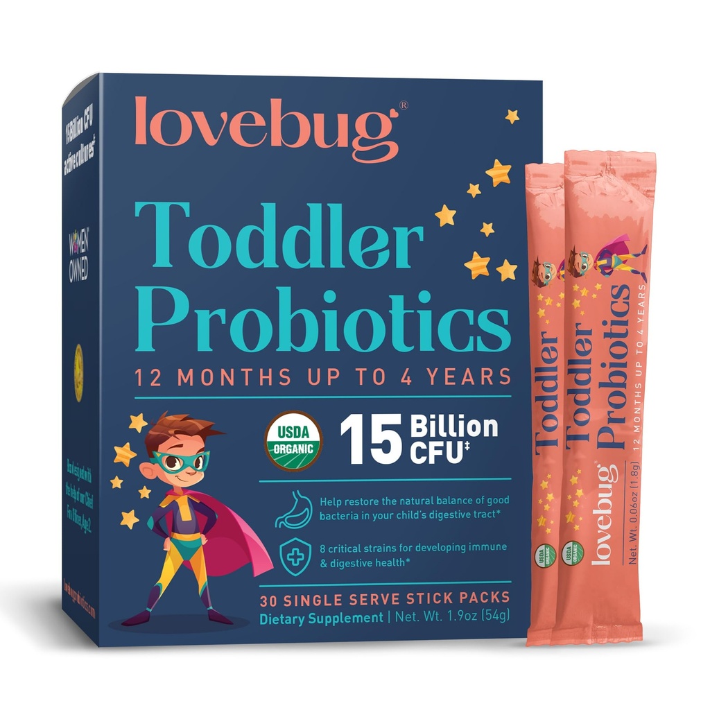 Lovebug bērnu probiotisks pulveris ar prebiotisko Fiber - Toddler Immunity Atbalsts un aizcietējums Relief - USDA Organic Probiotikas bērniem Gut & Digestive Health (Ages 1- 4) - 30 Pack (Nearomatizēts)
