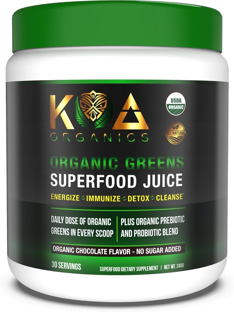 Zaļie Superfood sulas pulveris - USDA Organic Super Greens Pulveris ar Spirulīna, Hlorella, Matcha, Kviešu Grass, Gremošanas enzīmi un probiotikas - Šokolādes Flavor -30 Serve