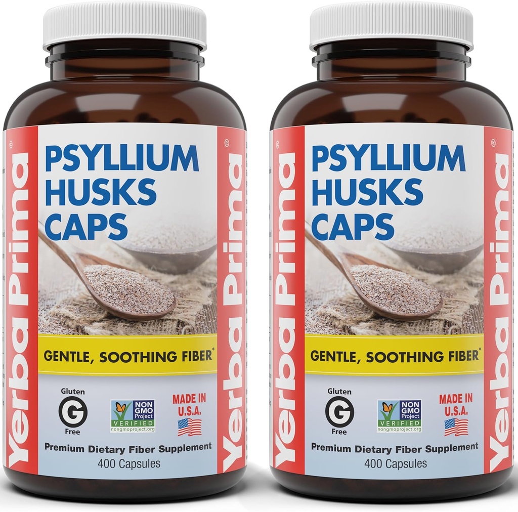 Yerba Prima Psyllium Husks Caps, 625 mg, 400 Kapsulas (iepakojums no 2) - Dabīgs Fiber vīriešiem un sievietēm - Regularitātes atbalsta papildinājums