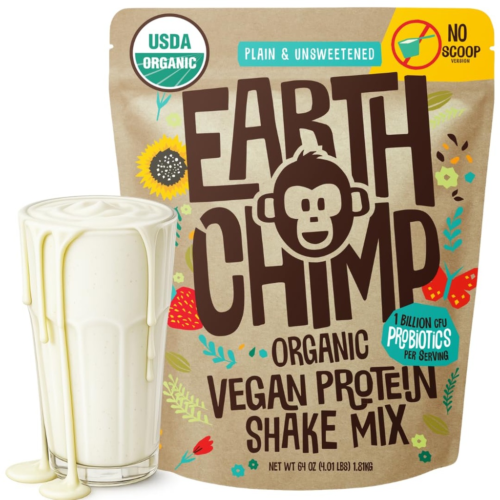 EarthChimp Organic Vegan Protein Pulveris - ar probiotikām - ne ĢMO, bez piena, non Shey, augu izcelsmes olbaltumvielu pulveris sievietēm un vīriešiem, bez lipekļa - 52 Kalpo 64 Oz (Plain un nesaldināts) Nē Scoop