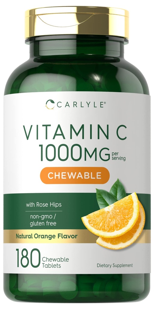 Carlyle C vitamīns Košļājamās vielas - 1000 mg - 180 tabletes - Veģetārs, ne-GMO, bez lipekļa Papildinājums