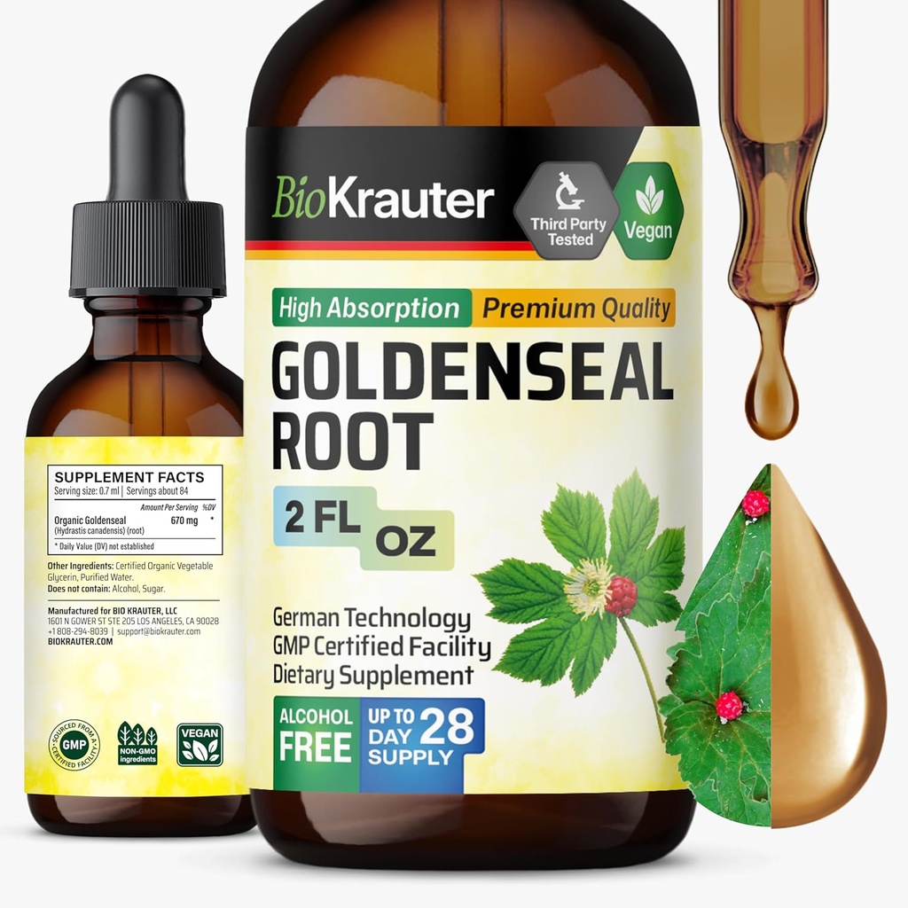 BIO KRAUTER Goldenseal Root ekstrakts Šķidrs - Vegan Respiratorās Support - Golden Seal Drops - Alkohola un Cukura bez - 2 Fl.Oz.