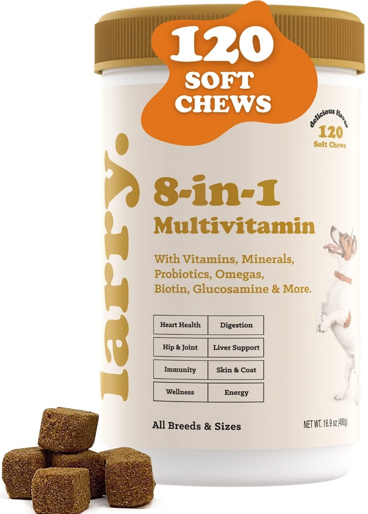 8-in-1 Multivitamīnu Suņu Papildinājums ar Larry, Sirds, Gremošanas, Aknas, Āda, Apvalks, & Kopīgs Atbalsts suņiem Papildinājums ar Vitamīniem, Minerals, Omega, & Glikozamīns Chondroitin   - 120 Soft Chews