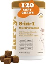 8-in-1 Multivitamīnu Suņu Papildinājums ar Larry, Sirds, Gremošanas, Aknas, Āda, Apvalks, & Kopīgs Atbalsts suņiem Papildinājums ar Vitamīniem, Minerals, Omega, & Glikozamīns Chondroitin   - 120 Soft Chews