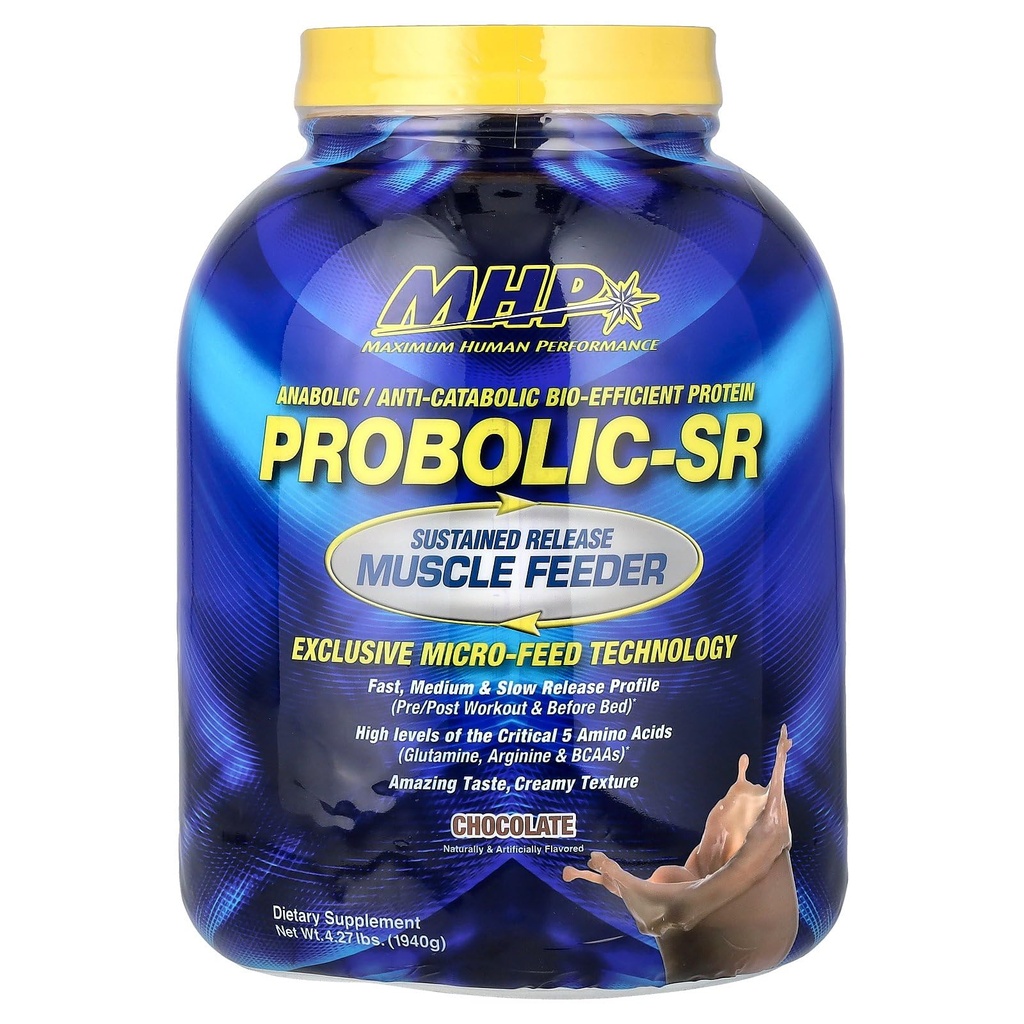 Maksimālais cilvēka snieguma Probolic-SR ilgstošas atbrīvošanas proteīna pulveris, 24g proteīns, BCAAs, glutamīns, arginīns, pirms-darbs, pēc-darbs, nakts proteīns, 4lbs, 52 Kalpo, Šokolāde
