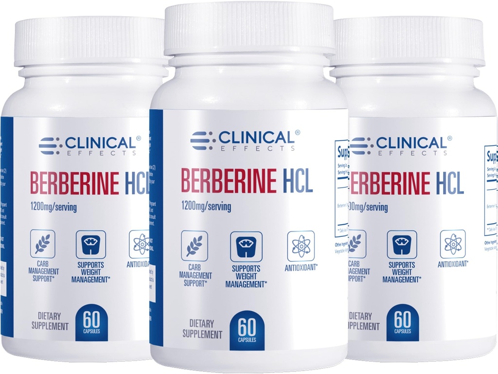 Klīniskā iedarbība Berberine HCL - Pure Berberine 1200mg - Aknu balsts - Vegan papildinājums - 3 iepakojumi - Ražots ASV
