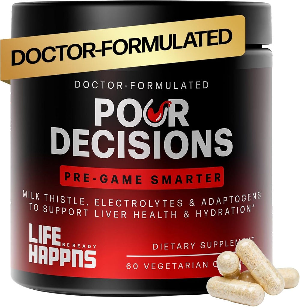 Life Happns Pour Lēmumi Aknu veselības papildinājums ar piena dagli, B6 vitamīns, Elektrolīti - Atbalsta hidratācija un atgūšana, 60 kapsulas