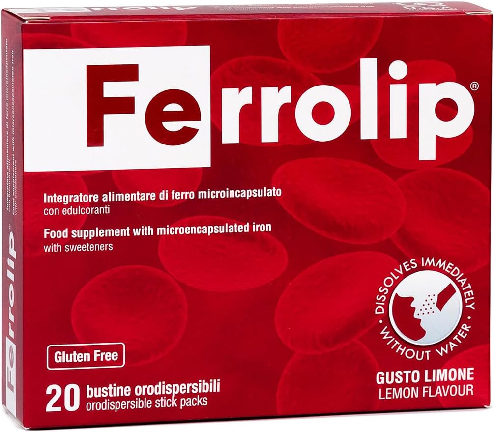 Ferolip dzelzs papildinājums sievietēm, vīriešiem un bērniem (20 ar citronu uzliesmojoši šķīstoši maisiņi) - gastrointestināls komforts un bez metāla garša - Vegan un glutēns bez