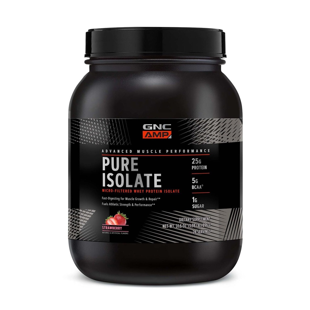 GNC AMP Pure Isolate Whey Protein Powder, Muskuļu augšanu, atveseļošanu, veiktspēju, 25g Olbaltumvielas, 5g BCAA, 1g Cukurs, 130 Kalorijas vai mazāk, 3 Party Tested, bez lipekļa, zemeņu, 28 SVG