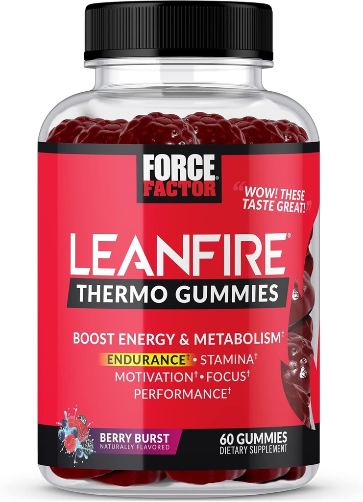 Force Factor LeanFire Termo Gumijas ar B12 Vitamīniem, Kofeīns, & Green Coffee Bean, Boost Enerģija, Metabolisms, Izturība, Stamina, Motivācija, Focus, & Veiktspēja, Pirms Workout Gumies, 60 Gumijas