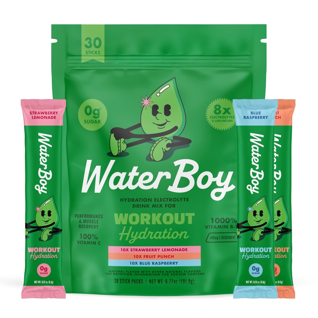 Waterboy Workout Hidratācija ...2960mg Bezcukura elektrolītu pulvera paketes , L-glutamīns + vitamīni , bez cukura, visi dabas, bez lipekļa (Varieta)