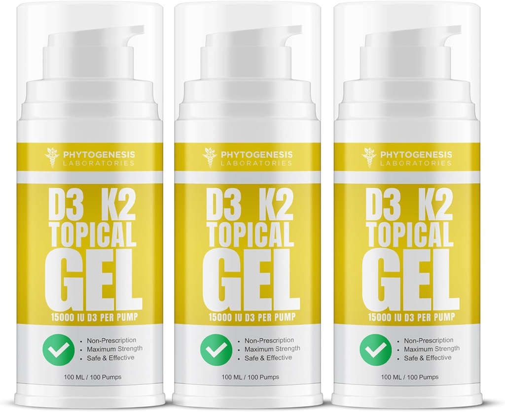 D3 vitamīns K2 Maksimālais stiprums Topiskais gels - 15000+ SV uz vienu sūkni - Sunshine Vitamīns - atbalsta kaulu un locītavu veselību, Imūnsupport - viena mēneša piegādes