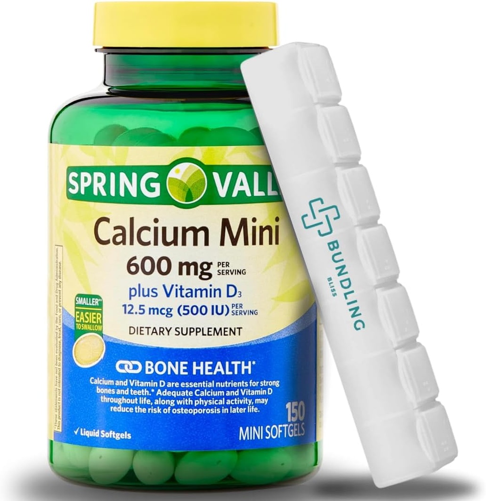Kalcijs ar vitamīnu D3, Mini Kalcija tabletes, uztura bagātinātājs, 150 Mini Softgels (tostarp Bundling Bliss Pill organizators) - 1 iepakojums