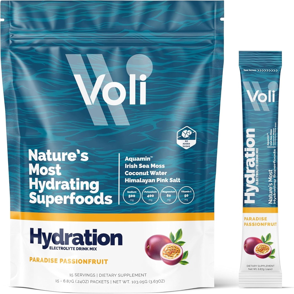 Voli Elektrolīti Pulvera paciņas Nav pievienots Cukura Elektrolītu Dzēriens Sajaukums Hidratēšanai - Keto & Gavējot Draudzīgi, Dabas Superfoods & Minerals - Passionfruit, 15-Count