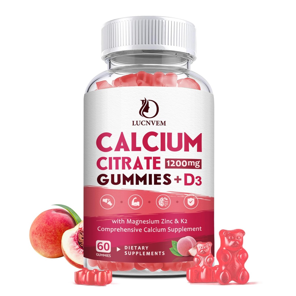 Kalcija citrāts 1200mg ar vitamīnu D3 Gumijas, kalcija gumijas ar vitamīnu D3 sievietēm un vīriešiem, Cal magnija cinka kaulu muskuļu Veselīgs - dabas balts persiku Flavor- 30 dienu piegādes