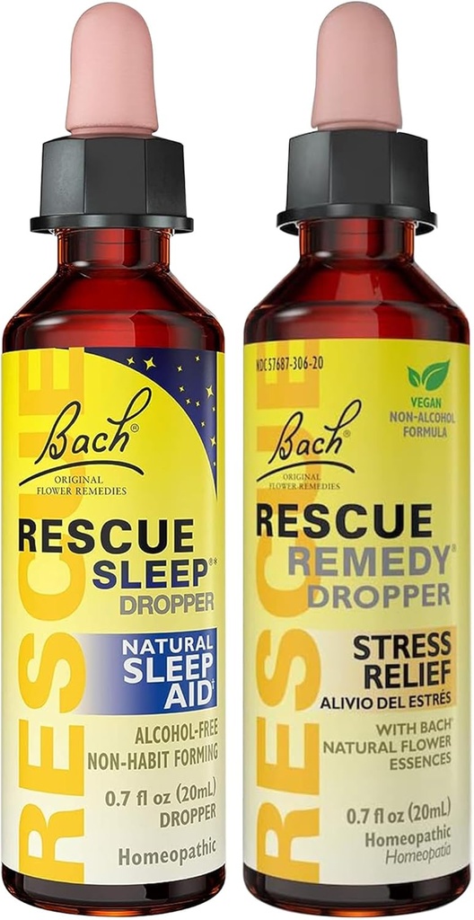RESCUE Stress Relief & Sleep Support Bandle, Non-Alcohol Formulas, Baha Rededy Dropper 20ml 2-Pack Sleep Dropper 20ml, Homeopātiskās ziedu esences