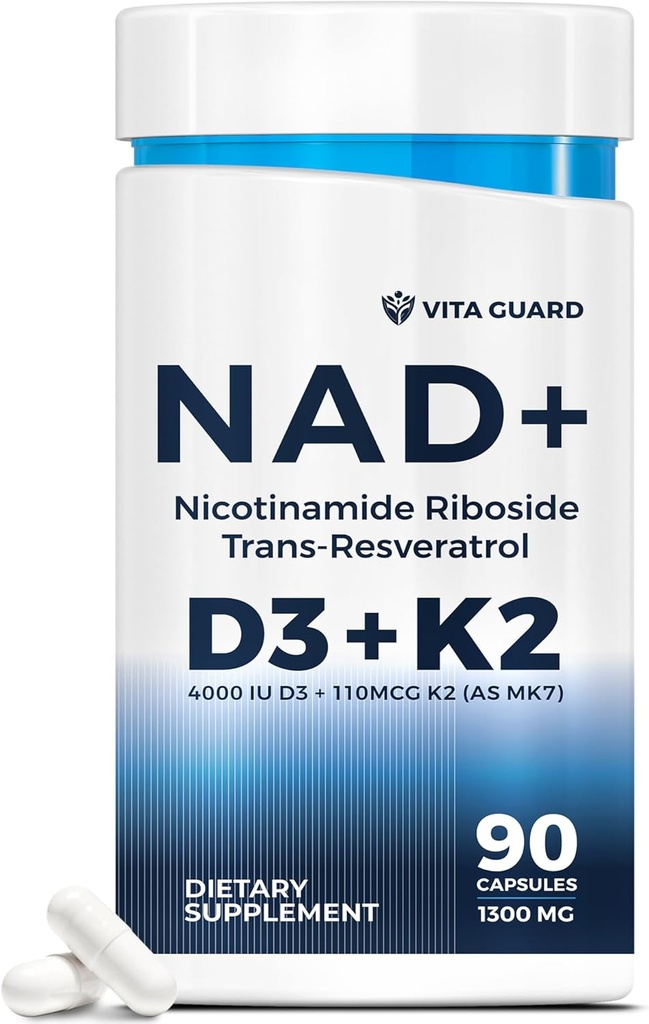 Anti-Aging Energy NAD papildinājums – NMN alternatīva ar nikotīnamīdu Riboside 1000 mg, Trans-Resveratrol 300 mg, vitamīns D3 4000 SV un K2 110 μg MK7 – Veģetārisks 60 kapsulas, 1300 mg