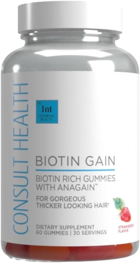 Konsultācijas veselības BIOTIN GAIN Gumijas ar ANAGAIN - Samazināt matu zudums - klīniski pārbaudīts - 10 000 μg Biotīns B7 vitamīns, lai atbalstītu veselīgu matu augšanu, ādas un nagus sievietēm un vīriešiem - 60 Count