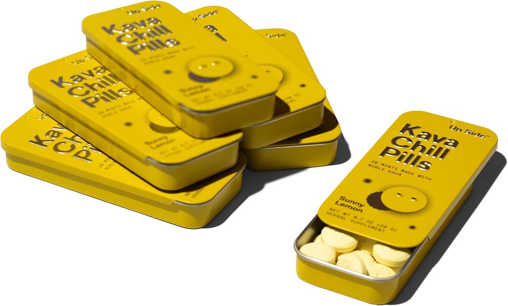 Augšpus Kava Chill Pills, Kava Kava Candy Sunny Lemon Flavor, Dabisks papildinājums mierinājuma un stresa atbalstam, 6 Pack 20 Mints