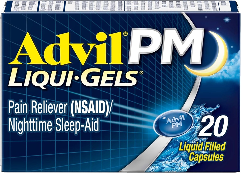 Advil PM Liqui-Gels sāpes Reliver un nakts miega palīglīdzeklis, sāpes Medicīna ar Ibuprofēnu sāpju atvieglošanai un difenhidramīna HCL miega palīglīdzeklim - 20 šķidrās pildītās kapsulas - Atgriezties koledžā