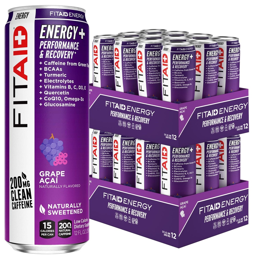 LIFEAID FITAID Enerģija Vīnogu AÇAI, 200mg Dabiskais kofeīns, Keto, Pirms-Workout Veiktspēja: BCAAs, Quercetin, Elektrolīti, Omega-3s, 15 Kalorijas, Paleo, Vegan & Gluten-Free,12-oz (iepakojums 24)