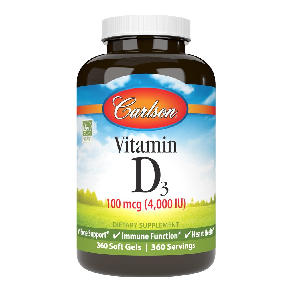 Carlson – D3 vitamīns 4000 SV (100 μg), Imūnsupports, kaulu veselība, muskuļu veselība, holekalciferols, D vitamīna piedevas, D3 vitamīns Mīkstie gels, 360 softgeli