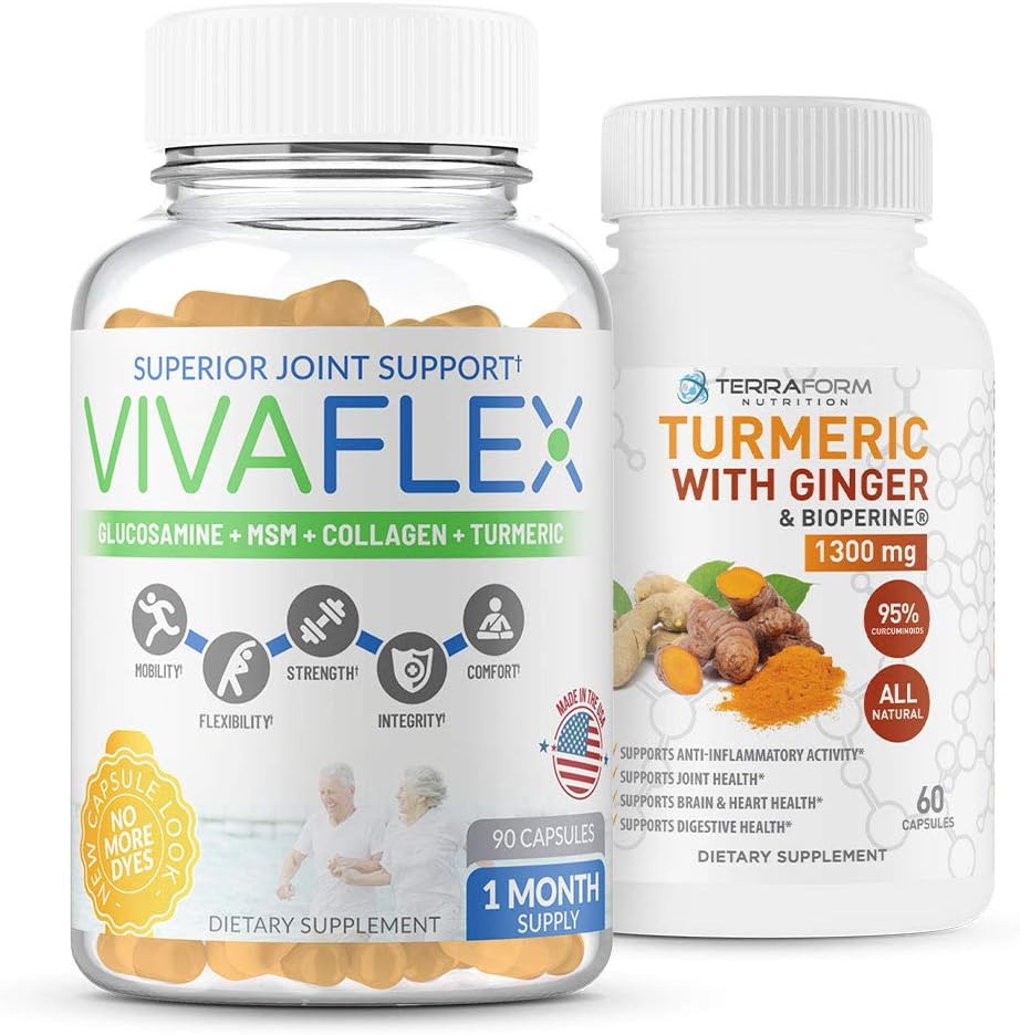 Terraform Uzturs Kopējais Relief Combo Pack – Vivaflex Plus Turmeric Curcumin ar ingver – Labākie papildinājumi kopīgu un ceļa atvieglojumu – 1 mēnesis Piedāvājums