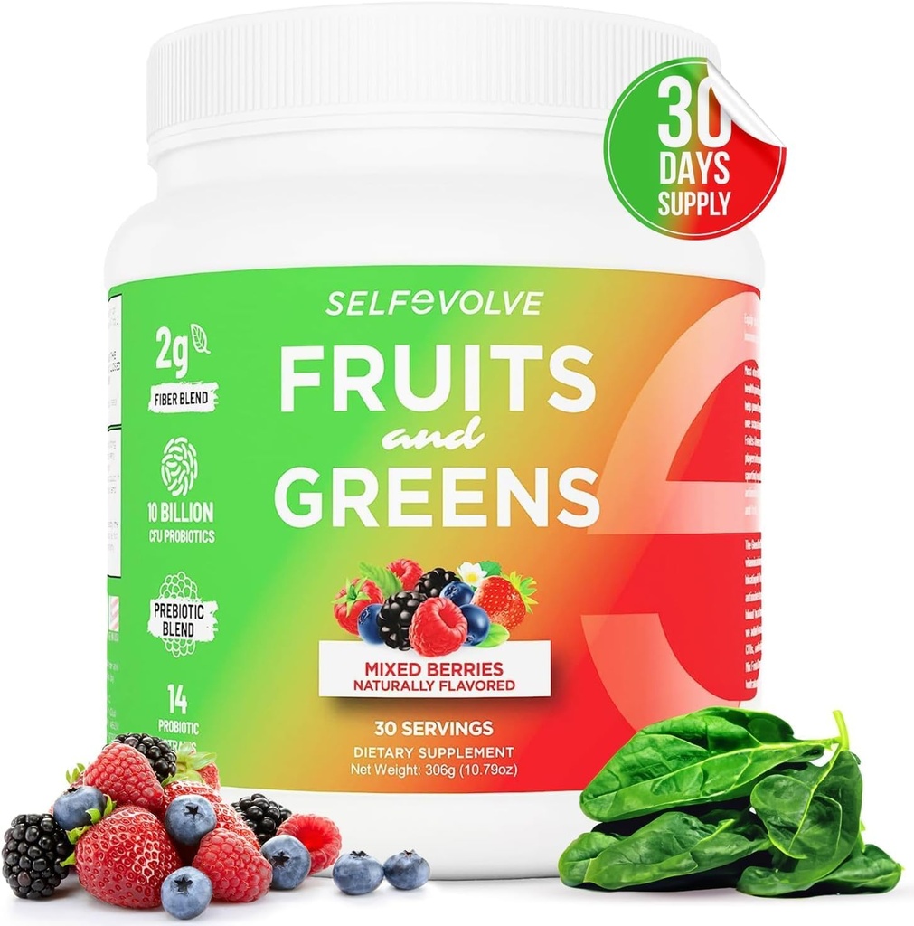 Augļi un zaļās organiskās probiotikas pulveris: 30 Kalpo vīriešiem un sievietēm. Vegan ar 10 miljardiem KVV, Spirulīna, Kale, Spinach, Chlorella, Plūškoka, Gremošanas fermentu – probiotikas