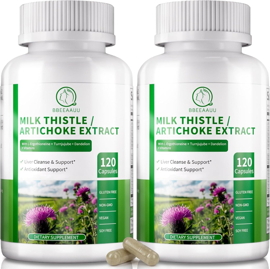 Aknas attīra Detox & Remonts 120 Kapsulas, 16-in-1 Ārstniecības augu Aknu Atbalsta Papildinājums ar Piena Thistle, Artichoke, L-Ergotioneine, Turnjujube Dandelion Ekstrakts Aknām Atjaunot & Antioksidants (2 Paka)