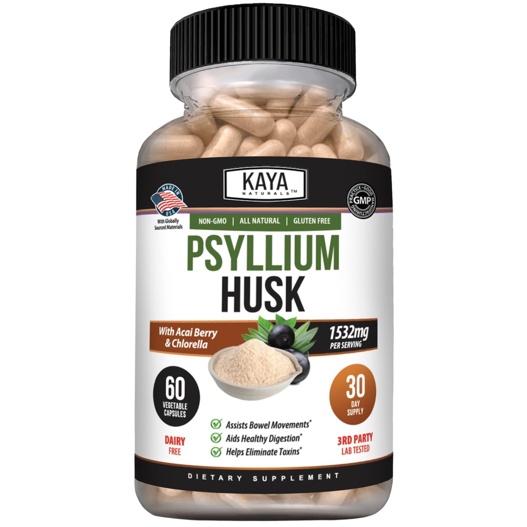 Kaya Naturals Psyllium Husk Kapsulas - 60 skaitīšanas - Augsta Fiber Papildinājums -- Gremošanas Veselība & Regularitāte -- Bez lipekļa, ne-GMO