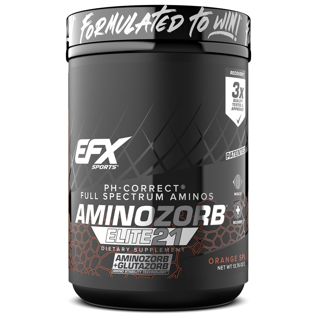 EFX sports Aminosorbs Elite 21 - - PH-korekcija, pilna spektra aminoskābes + glutamīns - Essential & Non Essential Aminos - Zero Sugars - 30 Kalpo (Orange Splash)