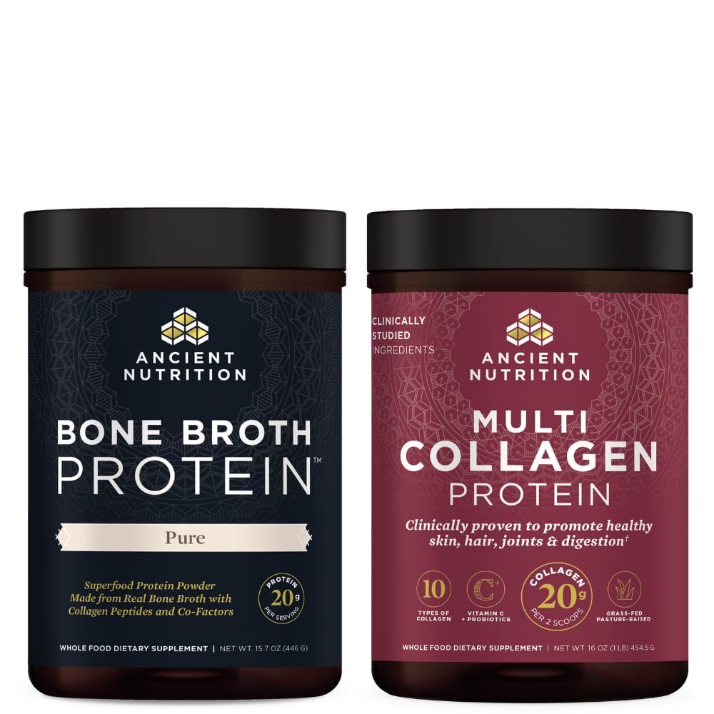 Ancient Nutrition Kaulu Broth Protein Pulveris, Tīrs, 20 Kalpojumi + Multi Kolagēna Protein Pulveris, Neuzliesmojošs, 45 Kalpojumi