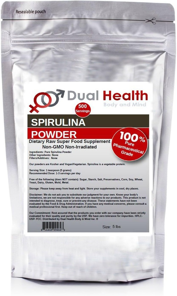 Dual Health Body & Mind Pure Spirulina pulveris (5 mārciņas) Neapstarots Protein Superfood Bulk papildinājumi