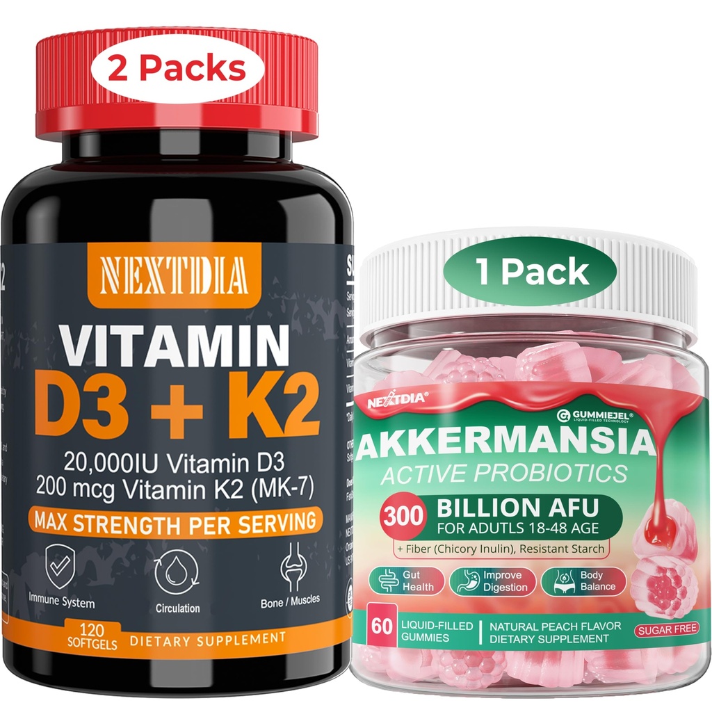D3 vitamīns 20 000 SV + K2(MK7) 200mcg Softgels + Akkermansia Probiotikas Gumijas ar prebiotikām Fiber