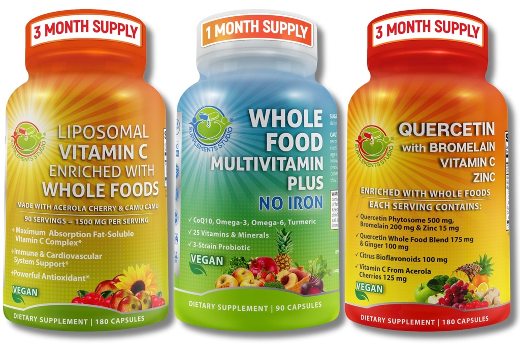 Vegan Imūnās un antioksidantu atbalsta Bundle – Liposomālais vitamīns C 1500mg ar organisko Acerola un Camu Camu + Quercetin 500mg ar Bromelain, Cinka un C vitamīnu + Vegan visu pārtikas multivitamīnu bez dzelzs